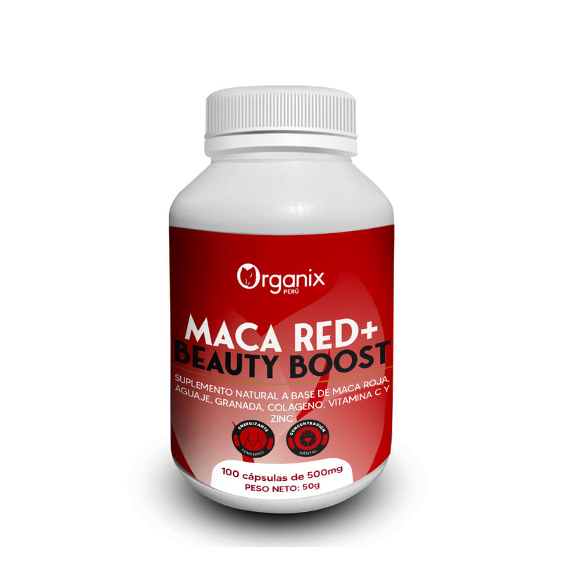 Cápsulas Maca Red+ Beauty Boost de Organix Perú, suplemento de maca roja, aguaje y granada para belleza femenina natural.
