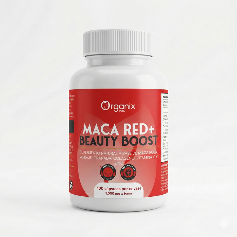 Cápsulas Maca Red+ Beauty Boost de Organix Perú, suplemento de maca roja, aguaje y granada para belleza femenina natural.