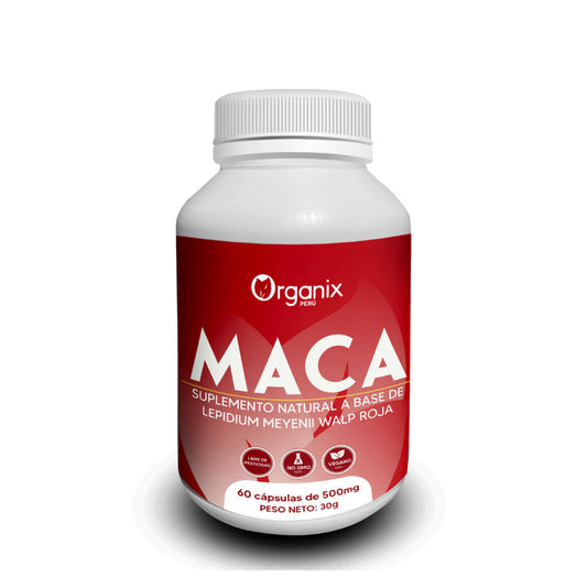 Cápsulas de Maca Roja Gelatinizada de Organix Perú, suplemento natural andino que apoya el equilibrio hormonal, la energía y el bienestar. Producto 100% natural, sin aditivos, ideal para hombres y mujeres.