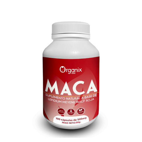 Cápsulas de Maca Roja Gelatinizada de Organix Perú, suplemento natural andino que apoya el equilibrio hormonal, la energía y el bienestar. Producto 100% natural, sin aditivos, ideal para hombres y mujeres.