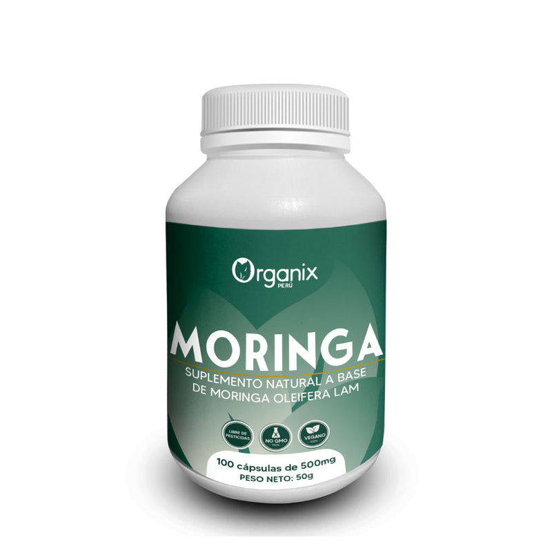 Cápsulas de Moringa en Polvo Organix Perú, suplemento natural antioxidante y energizante a base de hojas de Moringa oleifera