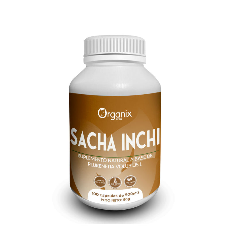 Cápsulas de Harina de Sacha Inchi Gelatinizado Organix Perú en frasco natural con superalimento amazónico rico en proteína y omegas