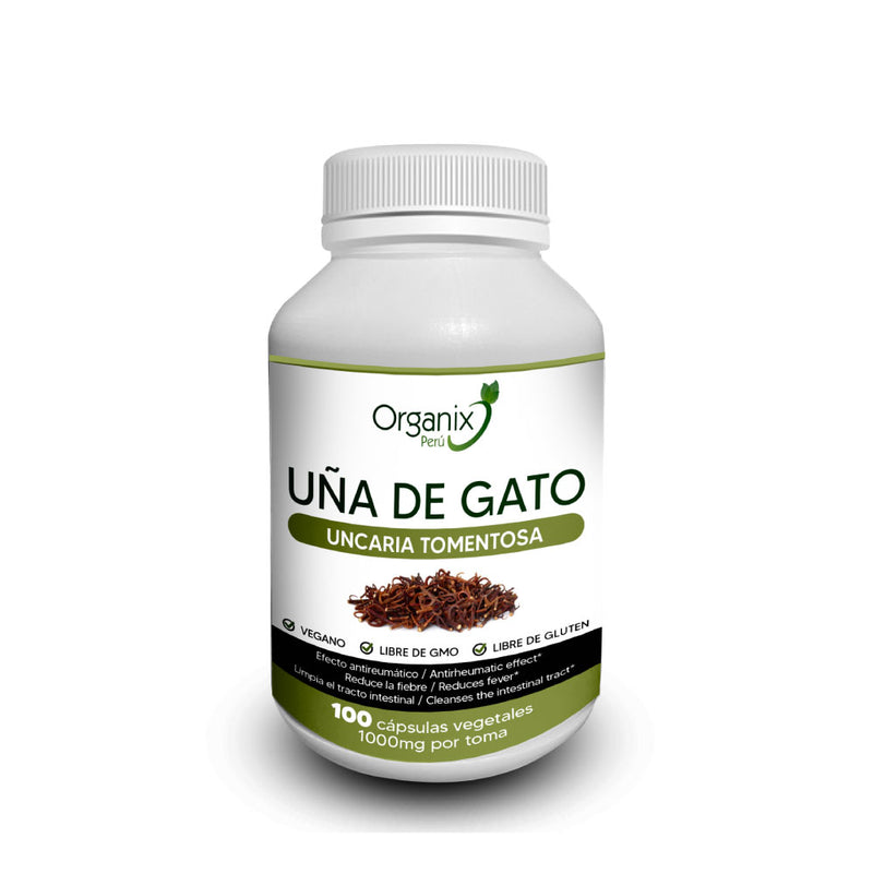 Frasco de Cápsulas de Uña de Gato Organix Perú – Suplemento natural antioxidante peruano.