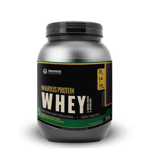 WARIUS PROTEIN pote 900 g — envase blanco con etiqueta vainilla-cacao y logo Organix Perú