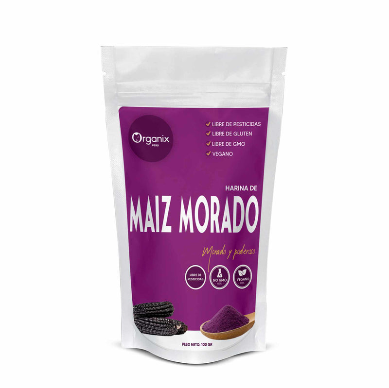 Harina de Maíz Morado Organix Perú – envase frontal, producto natural peruano rico en antocianinas.