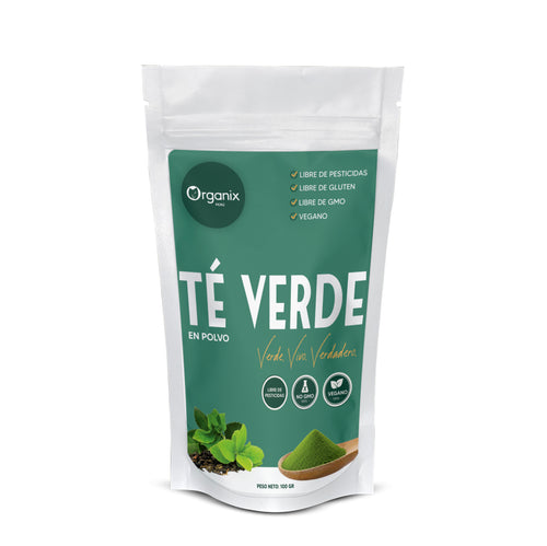 Té verde en polvo Organix Perú - frasco abierto mostrando polvo verde fino (Camellia sinensis)