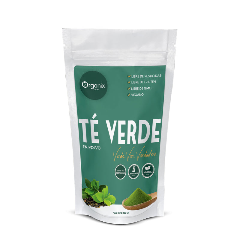 Té verde en polvo Organix Perú - frasco abierto mostrando polvo verde fino (Camellia sinensis)