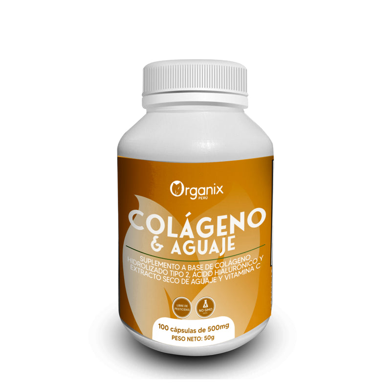 Cápsulas de colágeno hidrolizado con ácido hialurónico y aguaje Organix Perú frasco 100 cápsulas