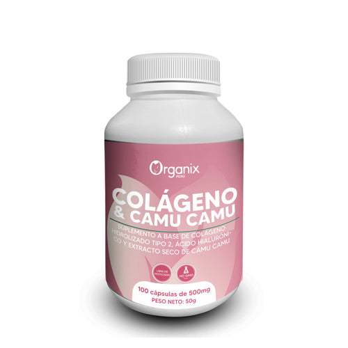 Frasco de cápsulas de colágeno hidrolizado con ácido hialurónico y extracto de camu camu Organix Perú