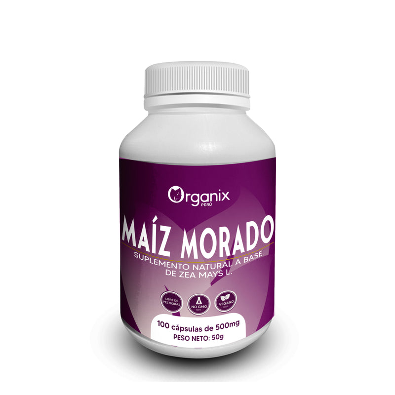 Frasco de Cápsulas de Maíz Morado en Polvo Organix Perú, antioxidante natural peruano