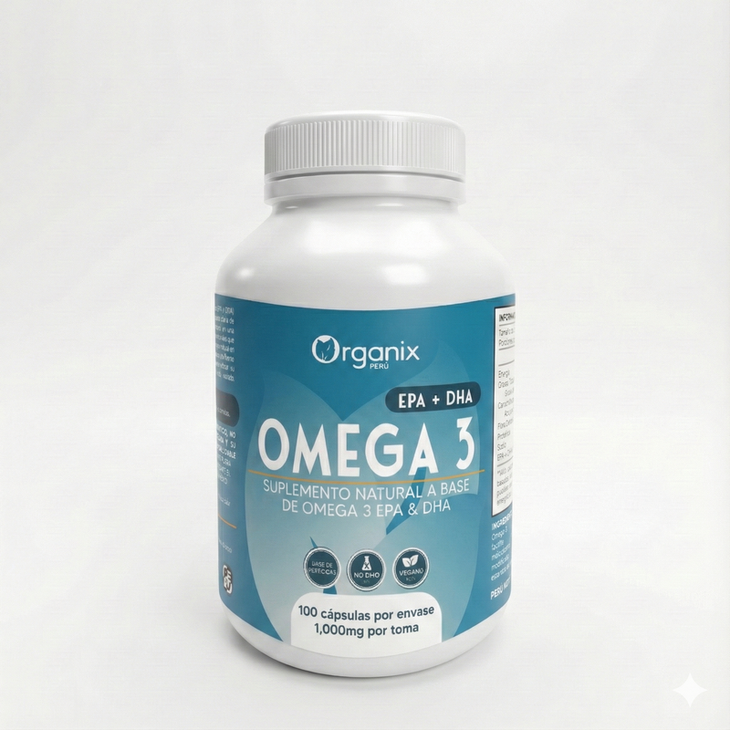 Cápsulas de Omega 3 EPA DHA 500 mg frasco frontal suplemento para corazón y cerebro