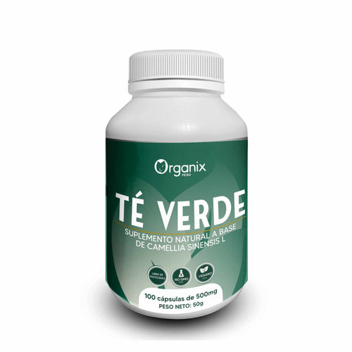 Frasco Organix Perú Cápsulas de Harina de Té Verde 100 cápsulas – vista frontal