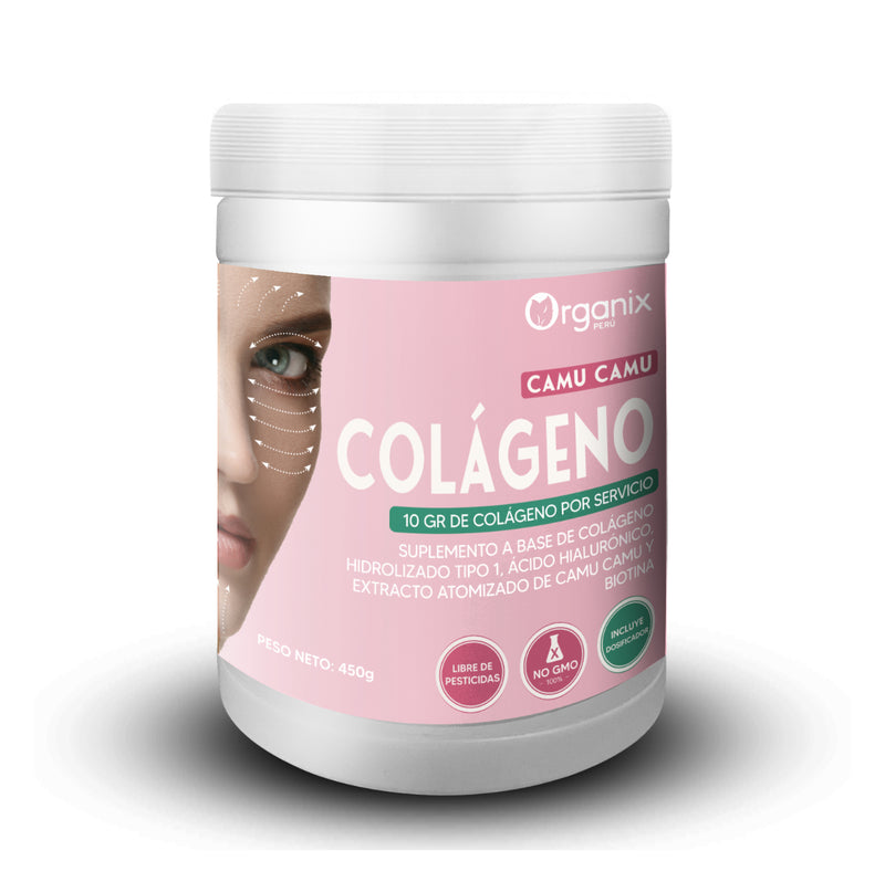 Colágeno hidrolizado Organix Perú 450g - envase frontal Colágeno + Camu-camu