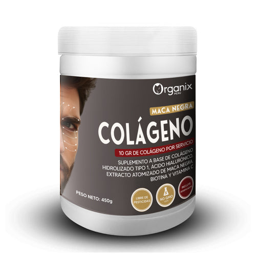Pote de 450 g de Colágeno Hidrolizado con Maca Negra — Organix Perú,
