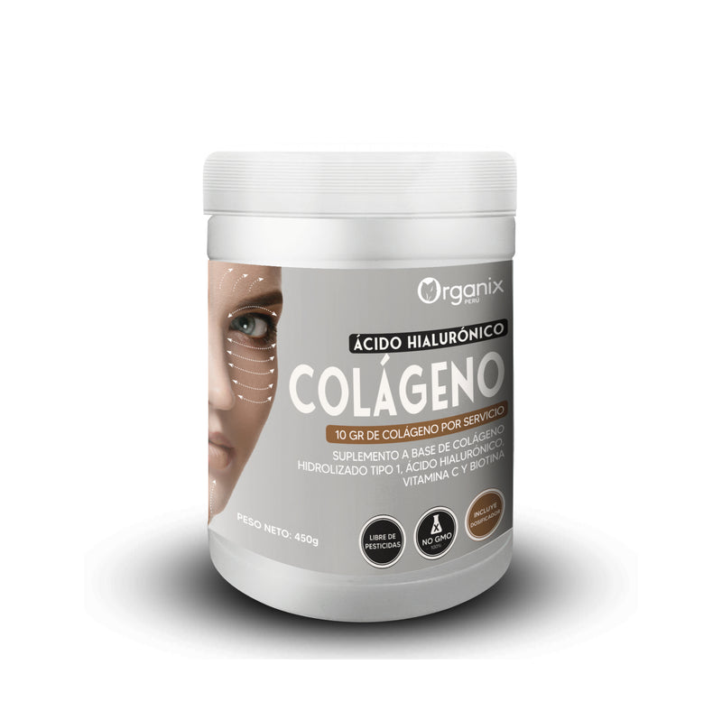 Colágeno Hidrolizado Tipo I con Ácido Hialurónico, Vitamina C y Biotina, mostrada de frente. El envase exhibe el nombre del producto, diseño gráfico limpio y presentación en polvo para mezcla.