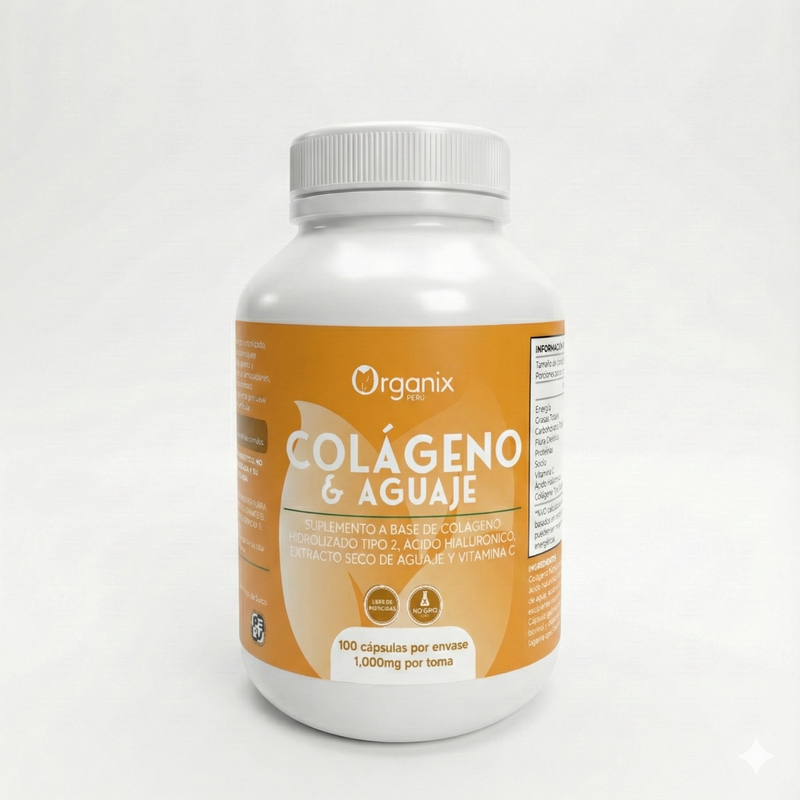 Cápsulas de colágeno hidrolizado con ácido hialurónico y aguaje Organix Perú frasco 100 cápsulas