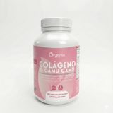 Frasco de cápsulas de colágeno hidrolizado con ácido hialurónico y extracto de camu camu Organix Perú