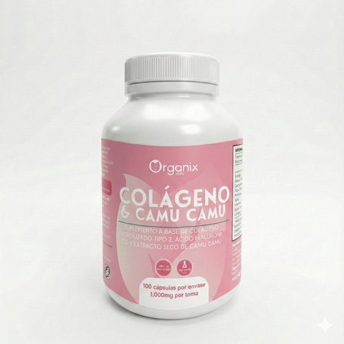 Frasco de cápsulas de colágeno hidrolizado con ácido hialurónico y extracto de camu camu Organix Perú
