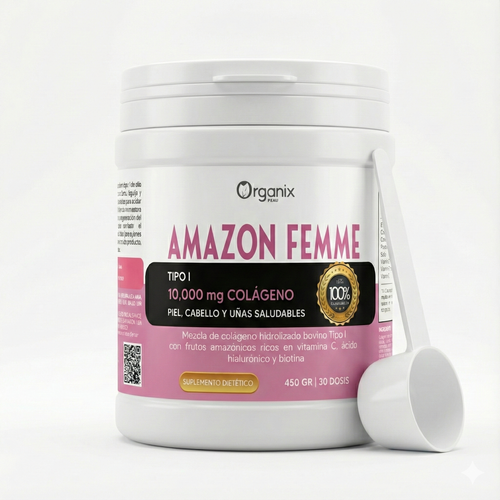 Colágeno Amazon Femme Organix Perú pote de 450g para belleza femenina con colágeno y superfrutas amazónicas.