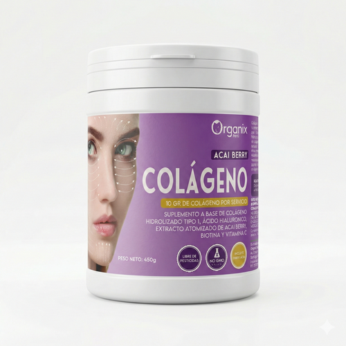 Pote de 450 g de Colágeno Hidrolizado con Açaí Organix Perú — sabor fresa, etiqueta frontal