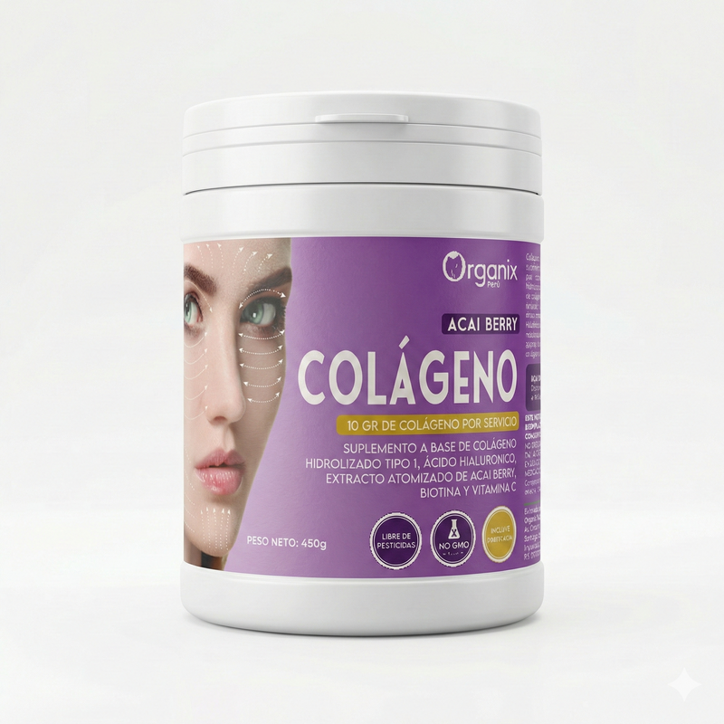Pote de 450 g de Colágeno Hidrolizado con Açaí Organix Perú — sabor fresa, etiqueta frontal