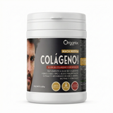 pote de Colágeno Marino con Maca Negra marca Organix Perú, 450g. Suplemento en polvo con ácido hialurónico, biotina y vitamina C. Envase blanco con etiqueta premium sobre fondo blanco