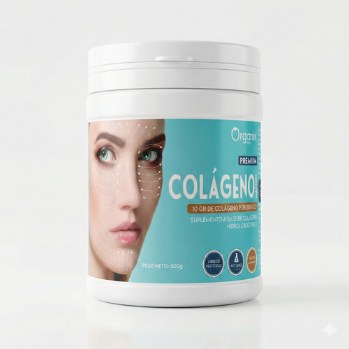 Vista frontal del frasco de Organix Premium Colágeno Marino Hidrolizado Tipo 1. La etiqueta turquesa presenta el logo de Organix, la imagen de una mujer con líneas faciales blancas, y el texto destacado "COLÁGENO MARINO HIDROLIZADO TIPO 1" y "10 GR DE COLÁGENO POR SERVICIO". También se observan sellos de "Libre de Pesticidas", "NO GMO" y "Hecho en Perú", junto con el peso neto de 500g.