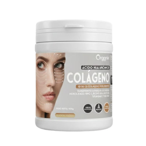 Colágeno Hidrolizado Tipo I con Ácido Hialurónico, Vitamina C y Biotina, mostrada de frente. El envase exhibe el nombre del producto, diseño gráfico limpio y presentación en polvo para mezcla.