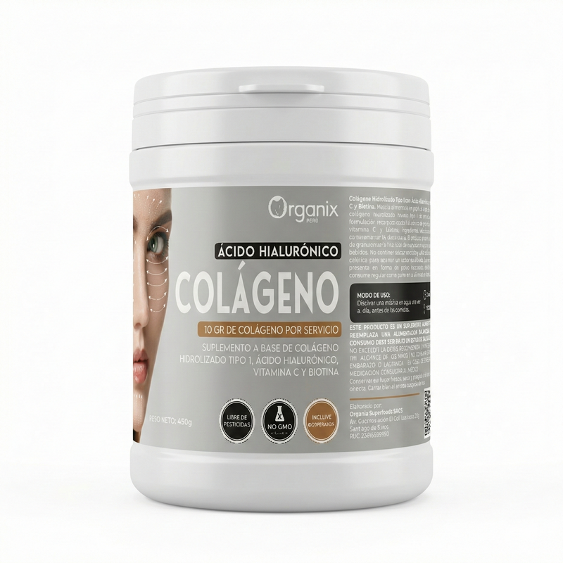 Colágeno Hidrolizado Tipo I con Ácido Hialurónico, Vitamina C y Biotina, mostrada de frente. El envase exhibe el nombre del producto, diseño gráfico limpio y presentación en polvo para mezcla.