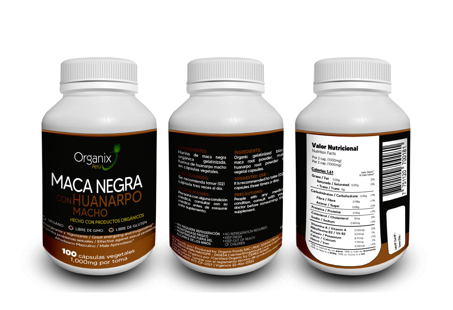 Cápsulas de Maga Negra y Huanarpo Macho Organix Perú, Afrodisiaco y energizante para combatir la disfunción eréctil y la eyaculación precoz, energizante natural