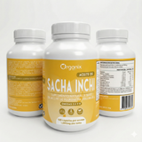 Tres frascos de Organix Aceite de Sacha Inchi cápsulas. Suplemento natural rico en Omegas 3, 6 y 9, con 1000mg por toma. Se muestran la etiqueta frontal y las vistas laterales con la información nutricional y los beneficios del producto peruano