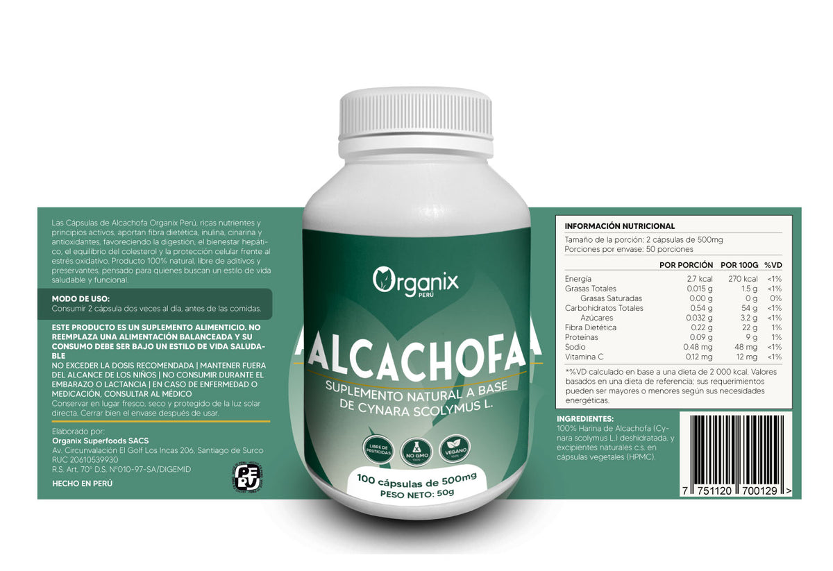 Etiqueta posterior Cápsulas de Harina de Alcachofa Organix Perú con tabla nutricional y composición detallada.