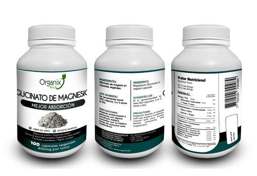 Frasco de Cápsulas de Glicinato de Magnesio con información nutricional completa