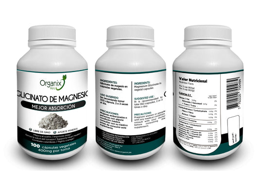 Frasco de Cápsulas de Glicinato de Magnesio con información nutricional completa