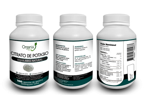 Citrato de Potasio Organix Perú con tabla nutricional detallada.