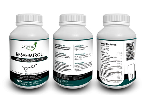 Cápsulas de Resveratrol Organix Perú con tabla nutricional visible