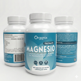Vistas frontal y laterales del frasco de Treonato de Magnesio Organix Perú 1000mg. Suplemento natural para la memoria y función cognitiva en presentación de 100 cápsulas vegetales. Envase blanco con etiqueta azul