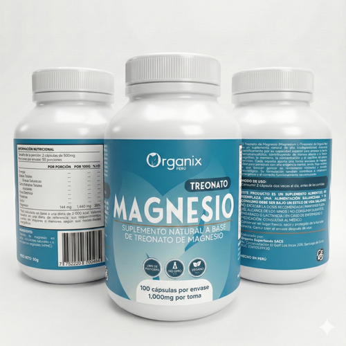 Vistas frontal y laterales del frasco de Treonato de Magnesio Organix Perú 1000mg. Suplemento natural para la memoria y función cognitiva en presentación de 100 cápsulas vegetales. Envase blanco con etiqueta azul