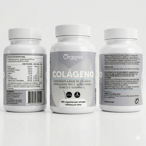 Tabla nutricional y composición de Cápsulas de Colágeno Tipo II con Ácido Hialurónico y Vitamina C Organix Perú, información del suplemento