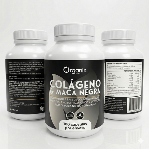 Etiqueta nutricional cápsulas de colágeno tipo II con ácido hialurónico y maca negra Organix Perú, ingredientes, modo de uso y información nutricional