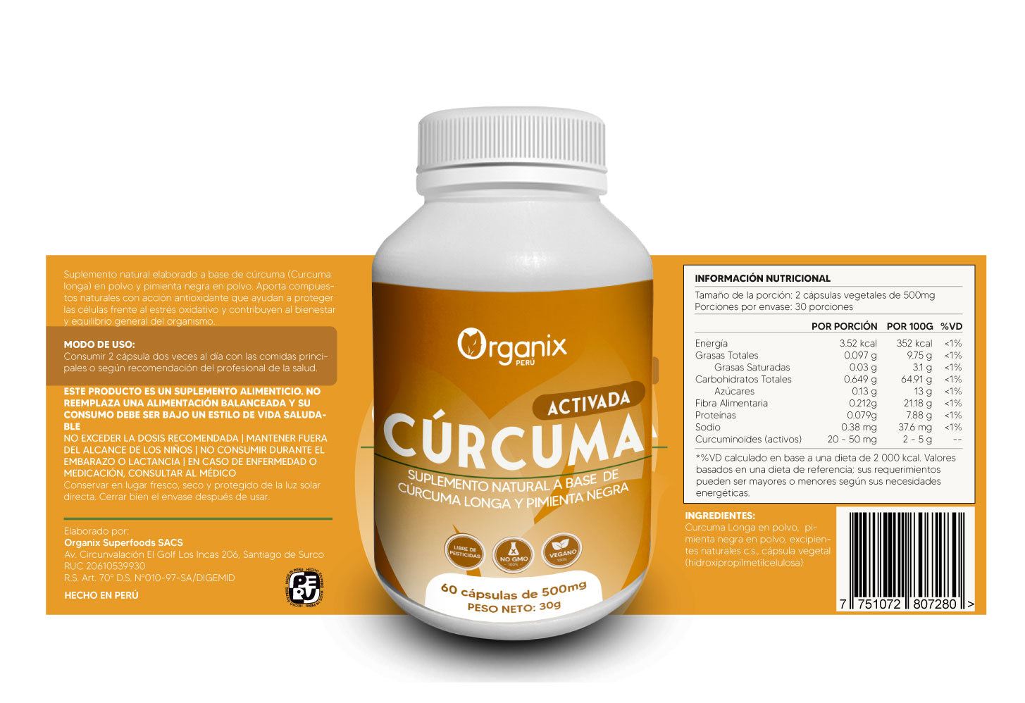 Etiqueta posterior de Cápsulas de Cúrcuma Activada Organix Perú con información nutricional completa, dosis recomendada y detalle de curcumina y piperina naturales.