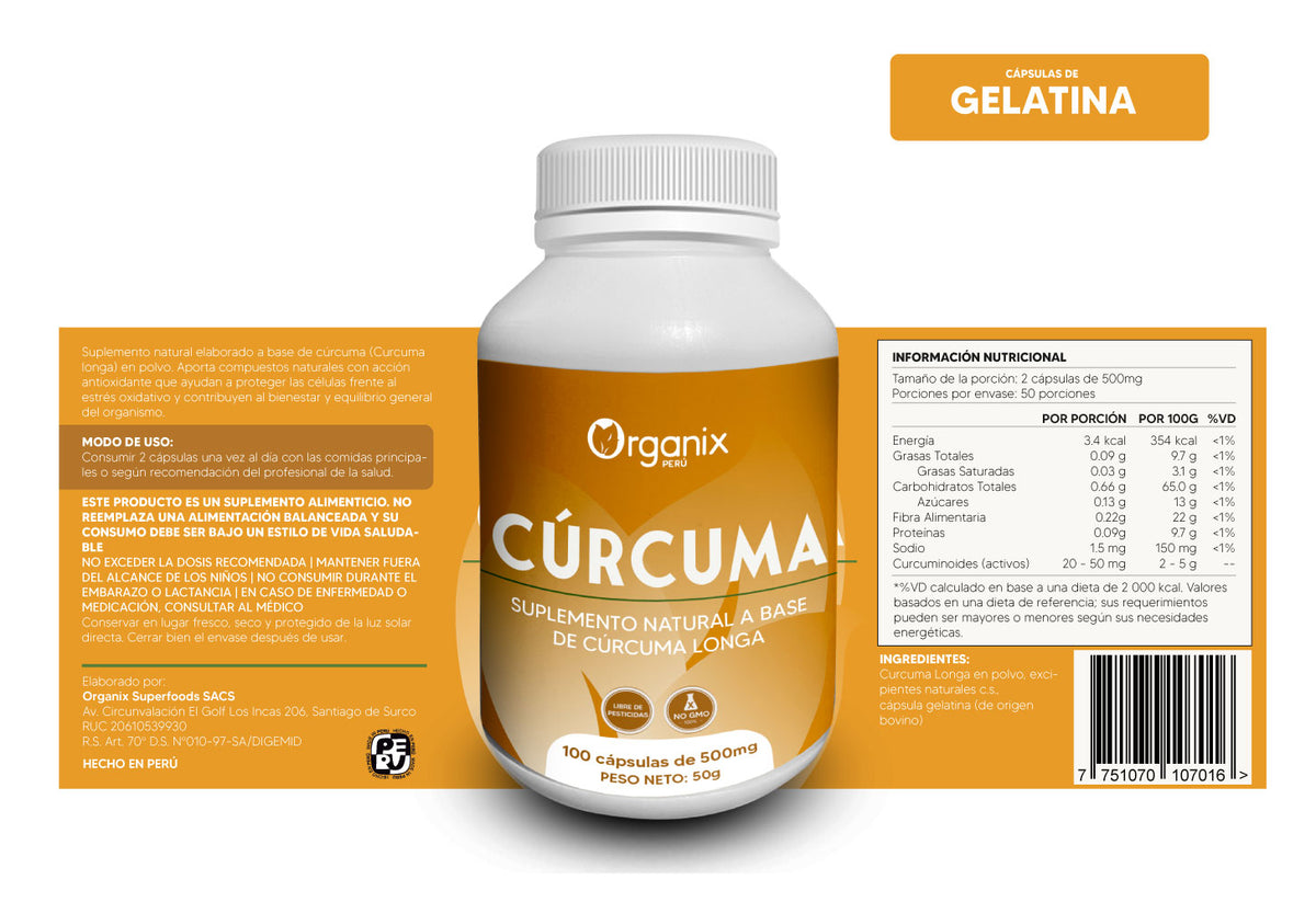 Cápsulas de cúrcuma Organix Perú en envase natural color ámbar con etiqueta verde y dorada. Suplemento natural elaborado con harina pura de Curcuma longa L., con cápsulas vegetales aptas para veganos. Producto peruano con beneficios antioxidantes, digestivos y de bienestar general, presentado en frasco con 60 cápsulas, duración de 24 meses.