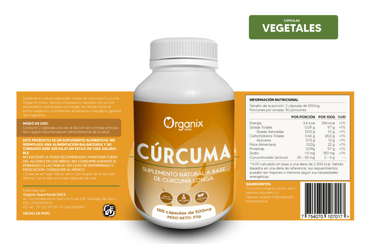 Opción Vegana de Cápsulas de cúrcuma Organix Perú en envase natural color ámbar con etiqueta verde y dorada. Suplemento natural elaborado con harina pura de Curcuma longa L., con cápsulas vegetales aptas para veganos. Producto peruano con beneficios antioxidantes, digestivos y de bienestar general, presentado en frasco con 60 cápsulas, duración de 24 meses.