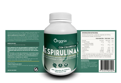 Tabla nutricional de Cápsulas de Espirulina & Chlorella Organix Perú con vitaminas, minerales y valores diarios recomendados