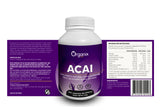 Frasco de Cápsulas de Acaí Organix Perú con tabla nutricional detallada.