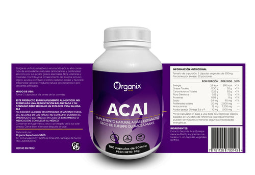 Frasco de Cápsulas de Acaí Organix Perú con tabla nutricional detallada.