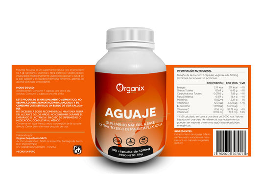 Cápsulas de aguaje Organix Perú con información nutricional y beneficios