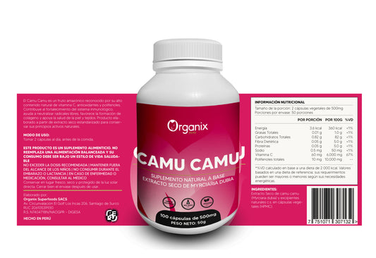 Cápsulas de Camu Camu 500mg Organix Perú con tabla nutricional completa, fuente natural de vitamina C, antioxidantes y nutrientes esenciales para la salud y la vitalidad