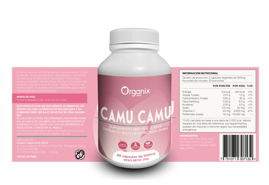 Etiqueta trasera de Cápsulas de Extracto Seco de Camu Camu Organix Perú con tabla nutricional completa, ingredientes, modo de consumo y advertencias