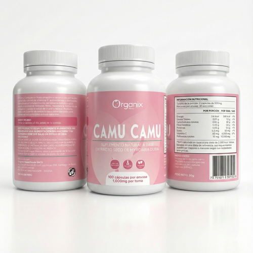 Etiqueta trasera de Cápsulas de Extracto Seco de Camu Camu Organix Perú con tabla nutricional completa, ingredientes, modo de consumo y advertencias